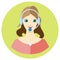 Icon girl call center employee in a flat style. Vector image on a round colored background. Element of design, interface