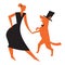 Icon with girl and dog. Vector illustration with dancing woman a