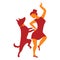 Icon with girl and dog. Vector illustration with dancing woman a