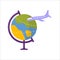 Icon of globe and plane adventure tourism, travel. Journey decorative design of jorney. Flat cartoon modern vector