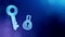 Icon of key and lock. Background made of glow particles as vitrtual hologram. 3D seamless animation with depth of field