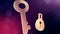 Icon of key and lock. Background made of glow particles as vitrtual hologram. 3D seamless animation with depth of field