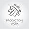 Icon in linear style of gear wheel and hammer. Concept of production work. Contour pictogram, web graphic button