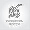 Icon in linear style of the robot arm collecting detail. Industrial modern equipment and production processing concept