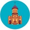 Icon or logo of brown church monastery building with belfry and cross at the top and two extensions with windows on the side and