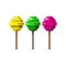 The icon of a lollipop on a stick. Three lollipops of different colors are made in a pixel style. Simple vector illustration on a