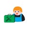 Icon of a male mechanic with a suitcase of tools on a white isolated background. Vector image