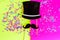 Icon of man with mustache, hat and confetti on neon background.