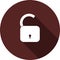 Icon of open padlock on a circle of maroon color, vector image