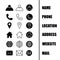 Icon pack for a business card, for a website. Black icons on a white background. Name. Telephone. Location. Address. Website.