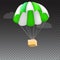 Icon of package flying on green parachute, on transparent background. Air shipping, delivery service template