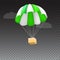 Icon of package flying on green parachute, on transparent background. Air shipping, delivery service template