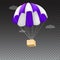 Icon of package flying on parachute, isolated on transparent background.
