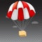 Icon of package flying on red parachute on a background of clouds. Air shipping, delivery service template, 3D