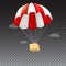 Icon of package flying on red parachute on a background of clouds. Air shipping, delivery service template, 3D