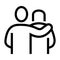 Icon of a person embracing a friend who is depressed, line style, black and white color.