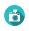 Icon photo camera white cuted on blue round backdrop