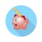 Icon pig piggy bank with coins long shadow.