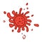 The icon of the red coronavirus virus. A hand-drawn microbe of a round irregular shape in the form of a blob with a texture of