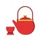 Icon of red teapot and cup. Tableware for traditional chinese tea ceremony. Asian culture concept. Isolated flat vector