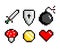 Icon Set 8-bit Pixel Art Sword Bomb Poisonous Mushroom Coin Heart. Game assets. Isolated  illustration