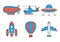 Icon set of aero vehicles. Helicopter plane UFO