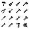 Icon set of black simple silhouette of work tools in flat design