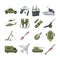 Icon set of different army weapons. Military and police equipment. Vector pictures in flat style