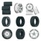 Icon set of different disks for wheels and tires. Vector pictures set in cartoon style