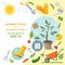 Icon set of different kind gardening tools, equipment, vegetables and plants. A colorful designs of spring horticulture. Planting