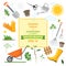 Icon set of different kind gardening tools, equipment, vegetables and plants. A colorful designs of spring horticulture. Planting