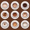 Icon set of different sorts of coffee in white cups