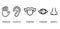 Icon set of five human senses: vision (eye), smell (nose), hearing (ear), touch (hand), taste (mouth with tongue). Simple line ico