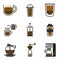 Icon set of fresh hot coffee brewed, cappuccino, latte, iced coffee, pressure brewed coffee, coffee water drip
