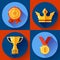 Icon set Golden victory symbols champion cup, crown, medal, badge. Flat design.