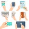 Icon set with Hands holding credit card, smartphone, money and o