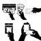 Icon set with Hands holding credit card, smartphone, money and o