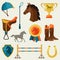 Icon set with horse equipment in flat style