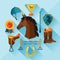 Icon set with horse equipment in flat style