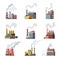 Icon set of industrial factory. Manufactory industrial buildings refinery factorys or nuclear power stations. Complex of