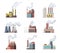 Icon set of industrial factory. Manufactory industrial buildings refinery factorys or nuclear power stations. Complex of