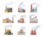 Icon set of industrial factory. Manufactory industrial buildings refinery factorys or nuclear power stations. Complex of