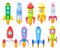 Icon set of multicolored children s rockets. Vector illustration.