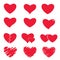 Icon set of red heart .Painted Hearts from Grunge Brush Strokes. Collection of love symbols for Valentine card, banner