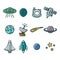 Icon set with space theme. it consists of images of spacecraft, stars, rockets, astronauts and others