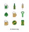 Icon set for St.Patrick`s Day, national holiday in Ireland, with such icons as hop, green beer, bottle and more. - Vector