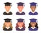 Icon set, students graduates in student hats, boys and girls. Icons for diplomas, schools, colleges and universities.