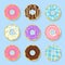 Icon set of sweet, tasty donuts in glaze.