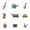 Icon set with the theme of various tools needed for gardening. With various types of illustrations of gardening equipment, such as