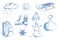 Icon set of winter objects: skates, sleds, snowman, snowflakes.